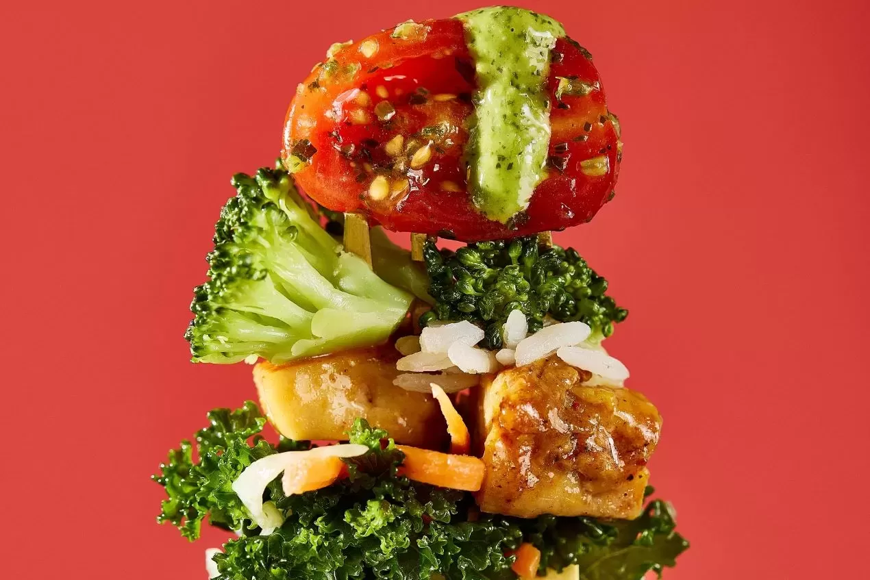 A pile of kale, chicken, rice, broccoli, tomato, and sauce on a red background